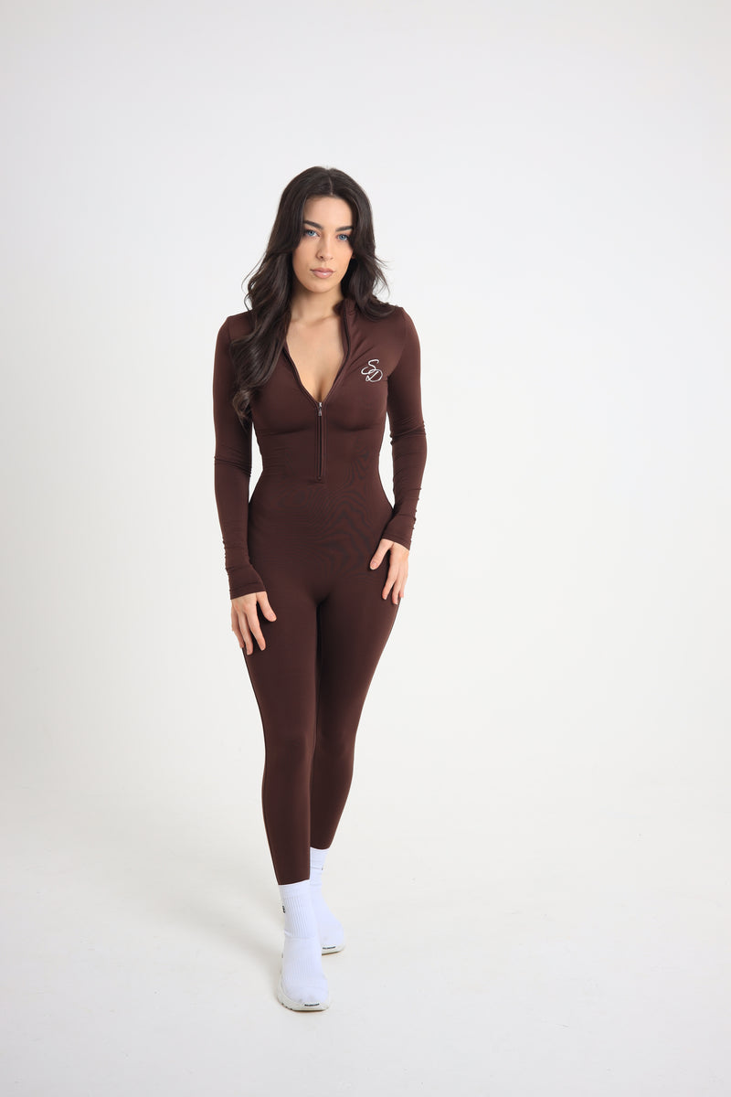 High-Stretch Thermal Sculpt Jumpsuit in Coffee Brown